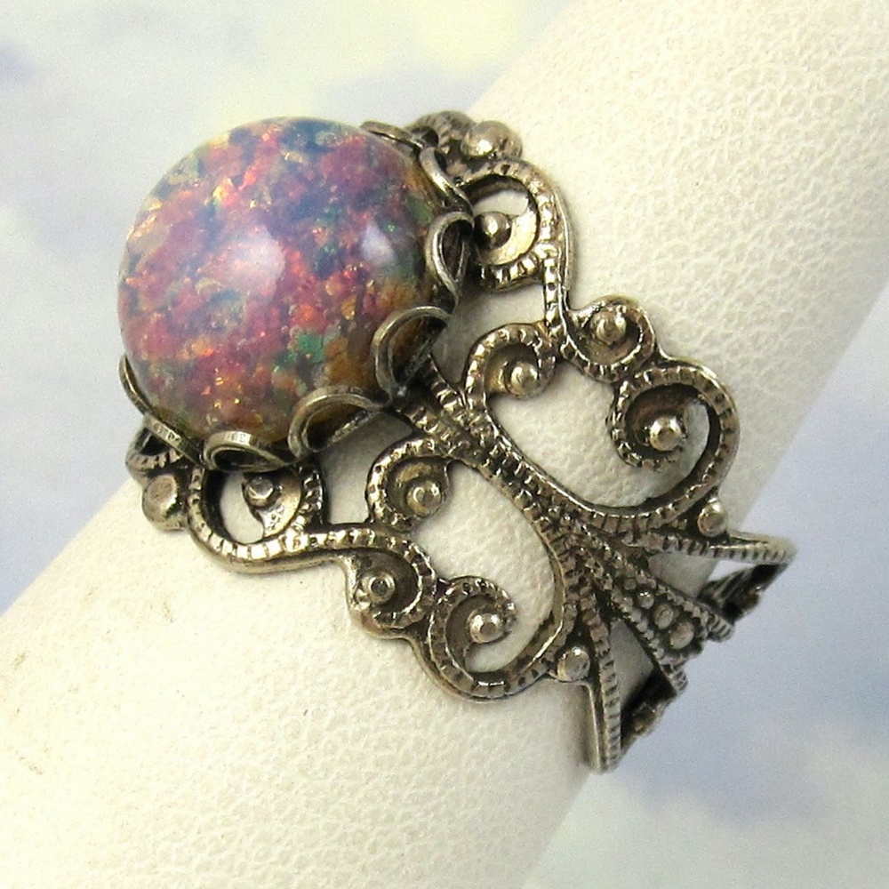 Adjustable Cocktail Ring Vintage Pink Fire Opal and Gothic Antique Silver Filagr